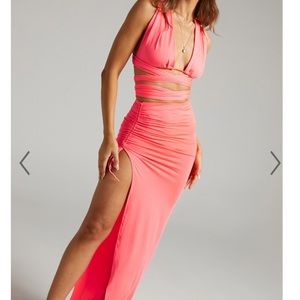 Showpo VANESSA SLINKY RUCHED TWO PIECE SET IN HOT PINK